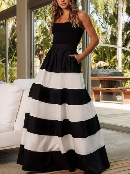A-Line High Waisted Contrast Color Pockets Striped Tube Maxi Dresses