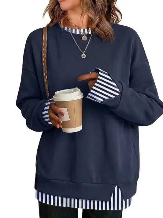 Striped Split-Joint Contrast Color Plus Size Loose Round-neck Sweater Pullovers