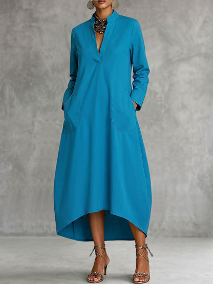 Solid Color Pockets Loose Long Sleeves V-neck Midi Dresse