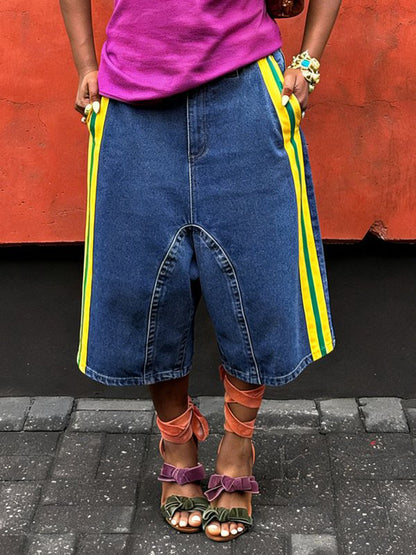 High Waisted Wide Leg Pockets Split-Joint Striped Jean Pants Bottoms Shorts Bottoms