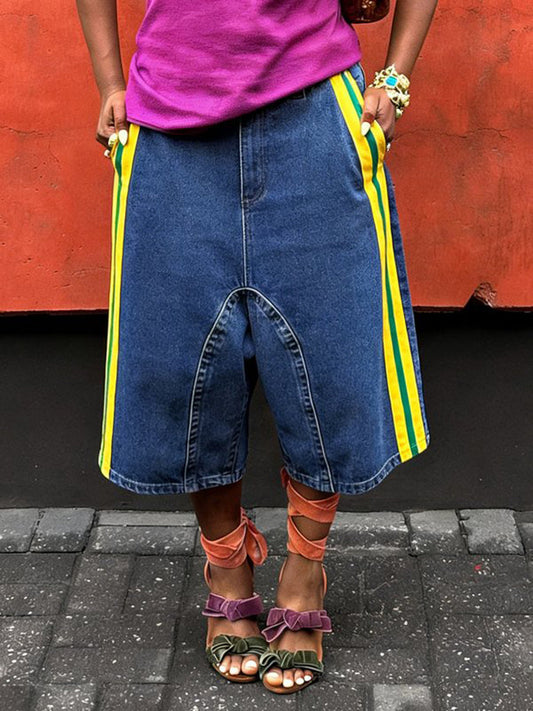 High Waisted Wide Leg Pockets Split-Joint Striped Jean Pants Bottoms Shorts Bottoms