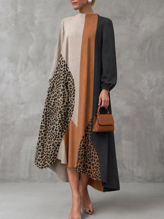 Zipper Split-Joint Leopard Elasticity Contrast Color Loose Long Sleeves Round-neck Maxi Dresses