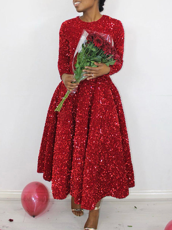 Robe longue trapèze taille haute à paillettes, fermeture éclair fendue et col rond 