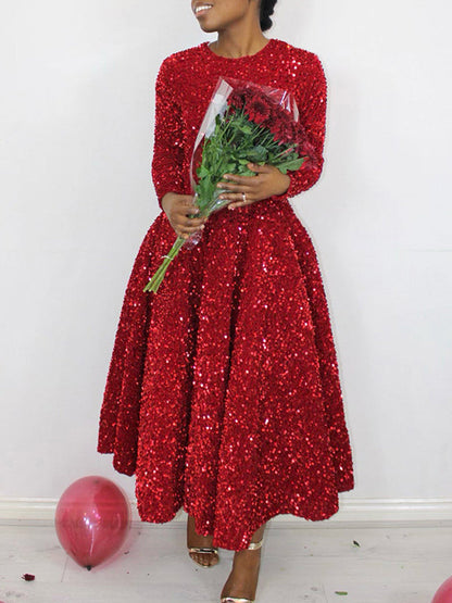 Robe longue trapèze taille haute à paillettes, fermeture éclair fendue et col rond 