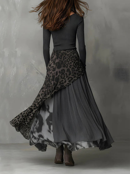 High Waisted Long Sleeves Leopard Printed Split-Joint Round-Neck Maxi Dresses