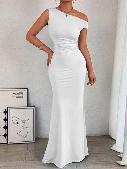 Bodycon High Waisted Asymmetric Pleated Solid Color Split-Side One-Shoulder Maxi Dresses