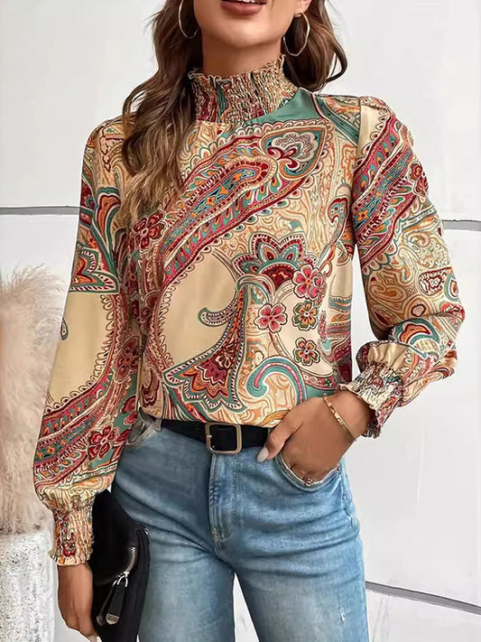 Long Sleeves Loose Buttoned Elasticity Flower Print Hollow Split-Joint Mock Neck Blouses&Shirts Tops