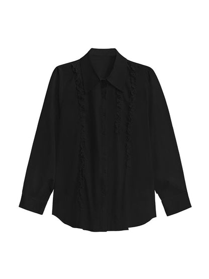 Hipster Long Sleeves Buttoned Falbala Ruffled Solid Color Split-Joint Lapel Blouses&Shirts Tops