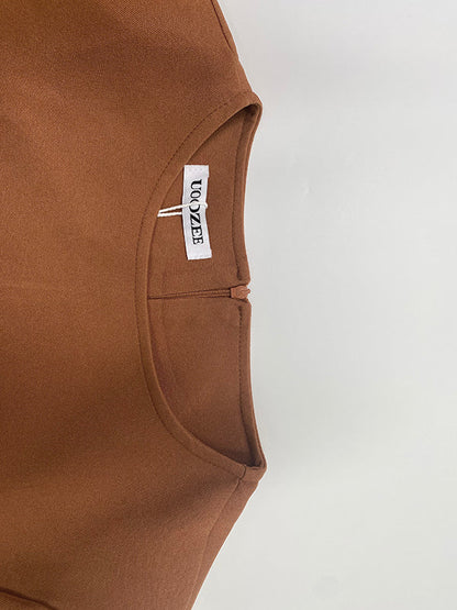 A-Line Long Sleeves Contrast Color Pleated Pockets Split-Joint High Neck Midi Dresses