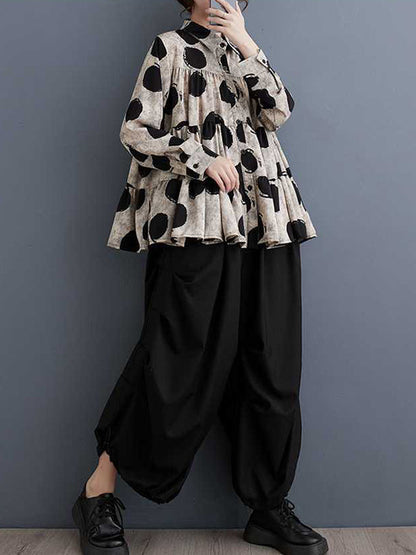 Long Sleeves Loose Pleated Polka-Dot Split-Joint Lapel Blouses