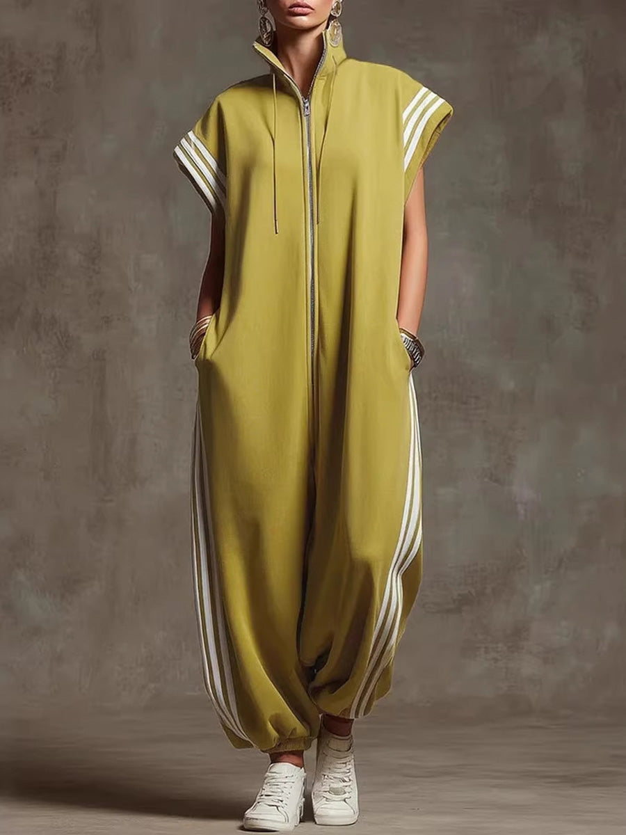 Loose Plus Size Contrast Color Pockets Split-Joint Striped Zipper Stand Collar Jumpsuits Ninth Pants