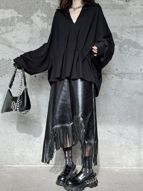 Batwing Sleeves Long Sleeves Pleated Solid Color Deep V-Neck Blouses&Shirts Tops