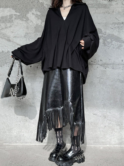 Batwing Sleeves Long Sleeves Pleated Solid Color Deep V-Neck Blouses&Shirts Tops