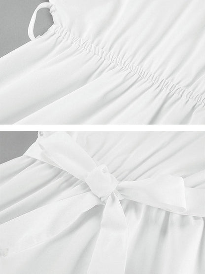 Long Sleeves Loose Pleated Solid Color Split-Joint Tied Waist V-Neck Mini Dresses Shirt Dress