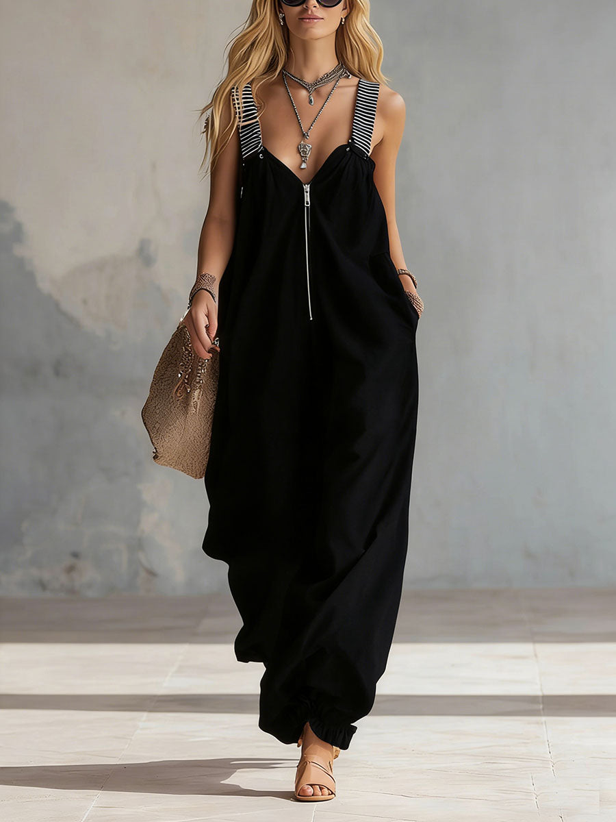Loose Sleeveless Adjustable Elasticity Pleated Pockets Split-Joint Striped Zipper Deep V-Neck Jumpsuits