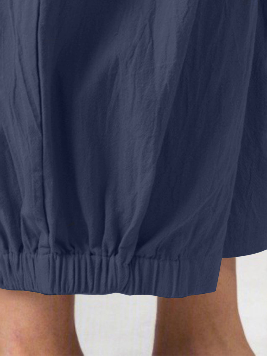 Solid Color Pockets Elasticity High Waisted Trousers Ninth Pants