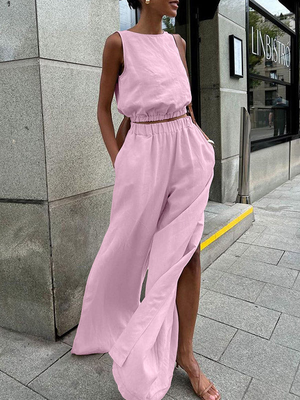 Loose Elasticity Solid Color Split-Joint Round-Neck Vest + High Waisted Split-Side Pants Two Pieces Set