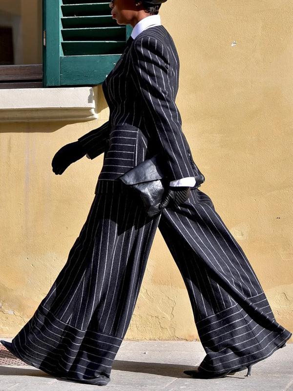 Long Sleeves Loose Buttoned Contrast Color Pockets Striped Notched Collar Blazer Outerwear