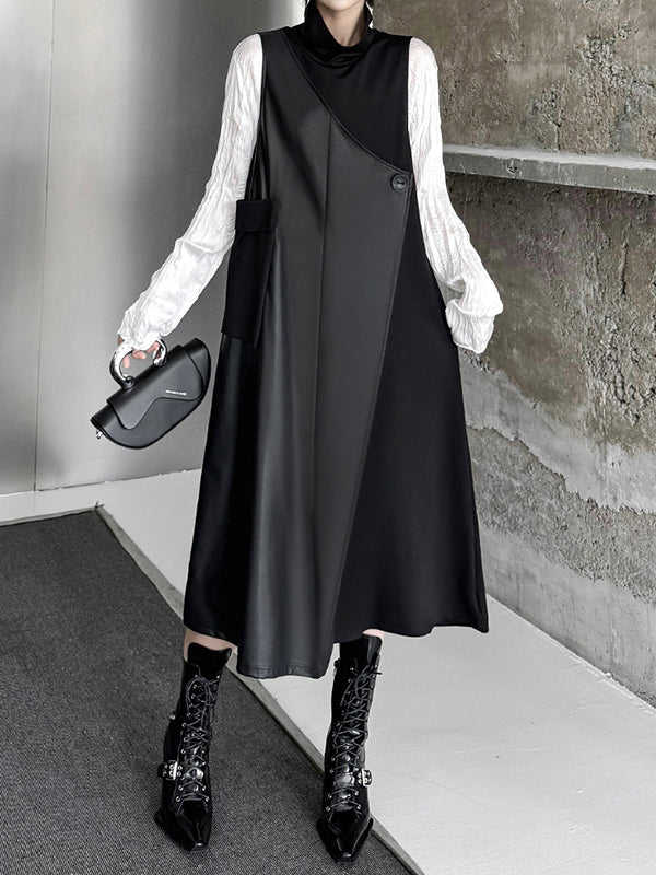 Irregularity Loose Asymmetric Buttoned Solid Color Split-Joint High Neck Midi Dresses