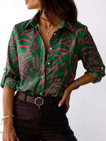 Printed Pockets Contrast Color Buttoned Long Sleeves Lapel Blouses&shirts Tops