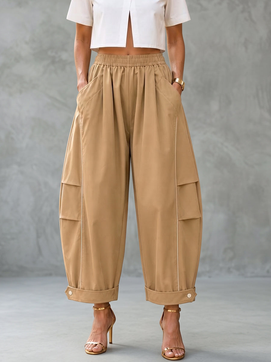 Pockets Elasticity Contrast Color Buttoned Wide Leg Loose Pants Cropped Trousers