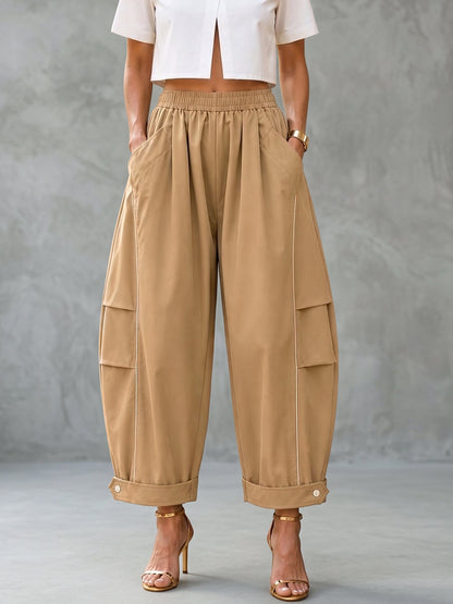 Pockets Elasticity Contrast Color Buttoned Wide Leg Loose Pants Cropped Trousers