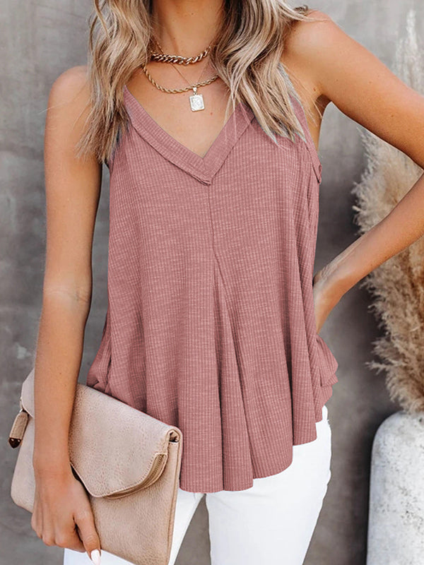 Loose Sleeveless Pleated Solid Color V-Neck Vest Top PINK