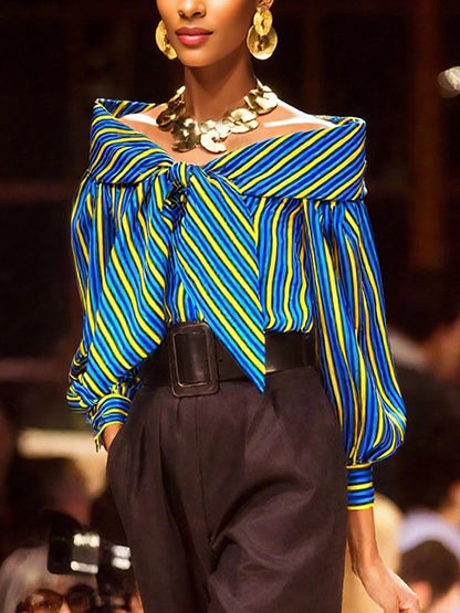Puff Sleeves Bowknot Split-Joint Striped Lapel Blouses