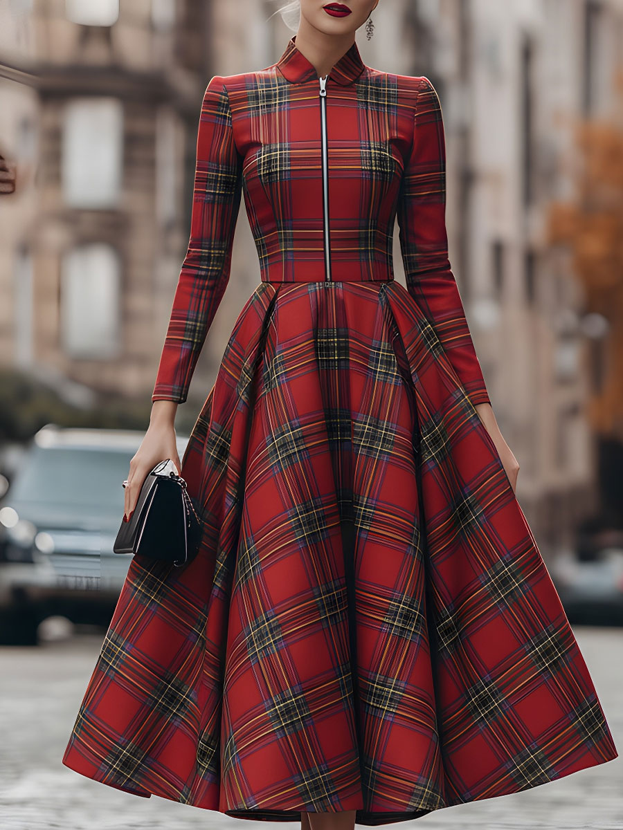 A-Line High Waisted Plaid Pleated Split-Joint Zipper Lapel Maxi Dresses