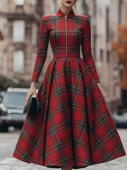 A-Line High Waisted Plaid Pleated Split-Joint Zipper Lapel Maxi Dresses