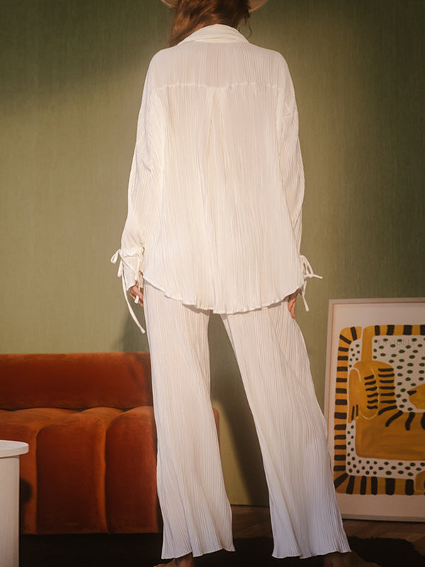 Flared Sleeves Long Sleeves Buttoned Drawstring Pleated Solid Color Split-Side Lapel Shirts Top + Pants Bottom Pajama Sets