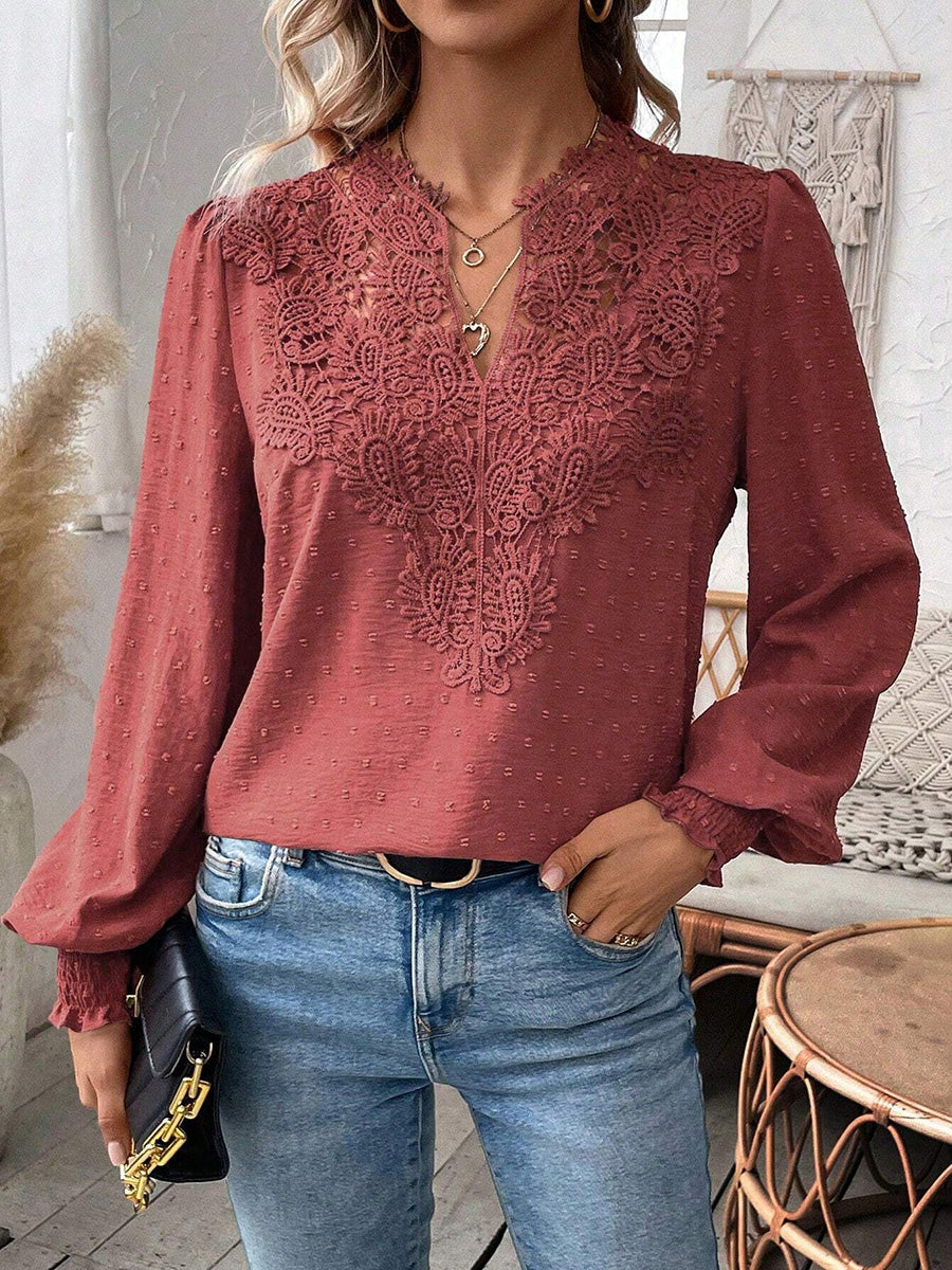 Balloon Sleeves Long Sleeves Embroidered Hollow Solid Color V-Neck Blouses&Shirts Tops