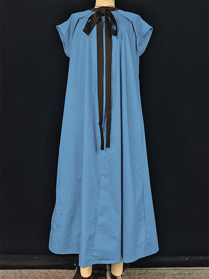 A-Line Loose Pleated Tied Round-Neck Midi Dresses