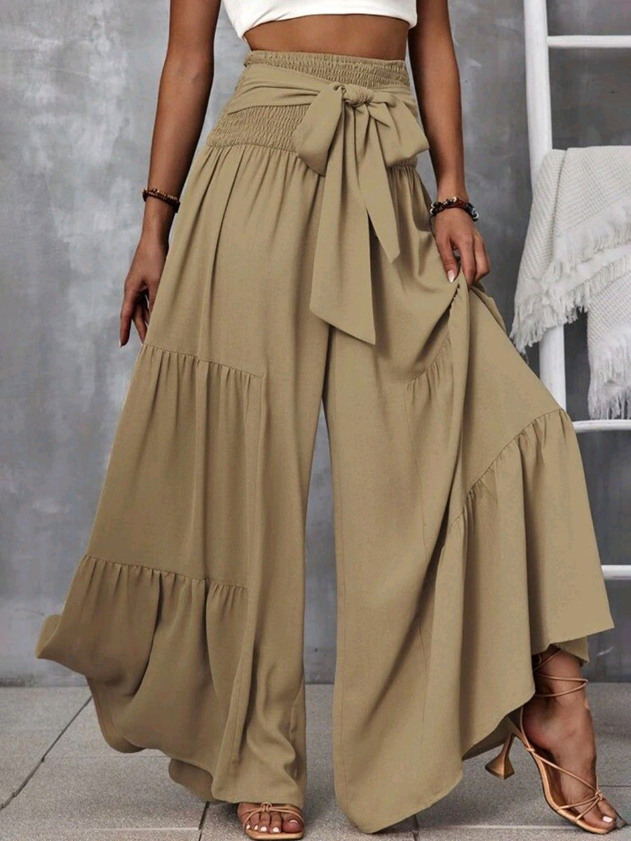 High Waisted Loose Elasticity Solid Color Split-Joint Tied Waist Pants Trousers