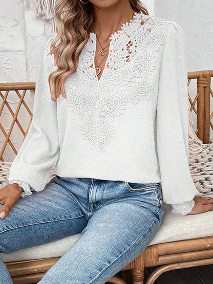 Loose Puff Sleeves Elasticity Hollow Jacquard Solid Color Split-Joint V-Neck Blouses&Shirts Tops