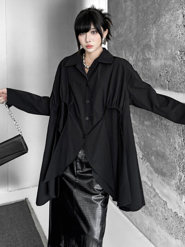 High-Low Irregularity Buttoned Pleated Solid Color Split-Joint Shirt Collar Blouses&Shirts Tops