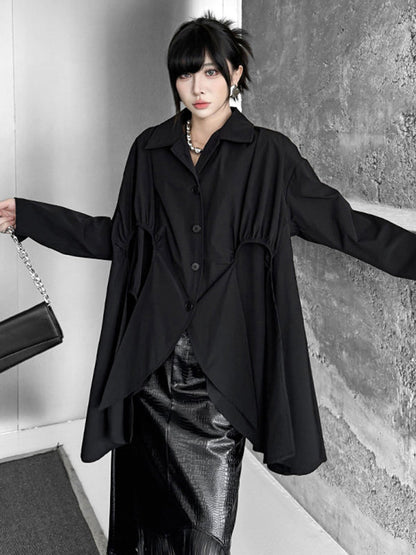 High-Low Irregularity Buttoned Pleated Solid Color Split-Joint Shirt Collar Blouses&Shirts Tops