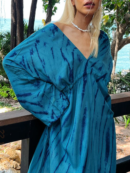 Loose Raglan Sleeve Printed Split-Joint V-Neck Maxi Dresses