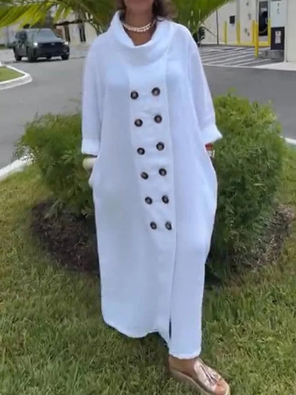 Long Sleeves Loose Buttoned Solid Color Stand Collar Maxi Dresses