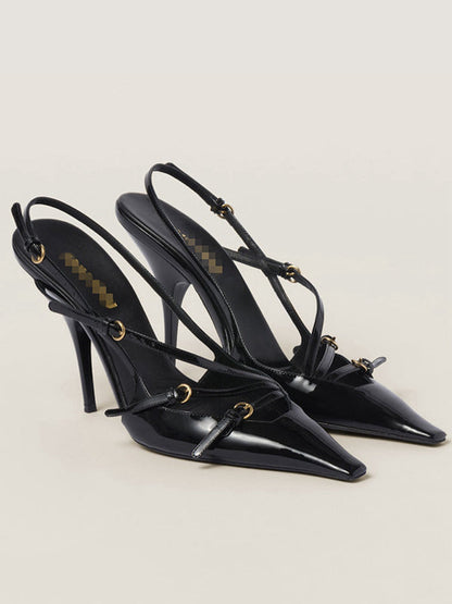 Belt Buckle Hollow Pointed-Toe Split-Joint Pumps Sandals Sling Shoes BLACK