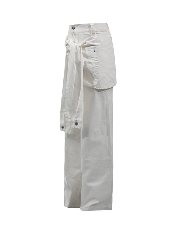 Pantalon taille haute ample boutonné de couleur unie 