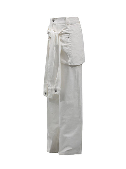 Pantalon taille haute ample boutonné de couleur unie 