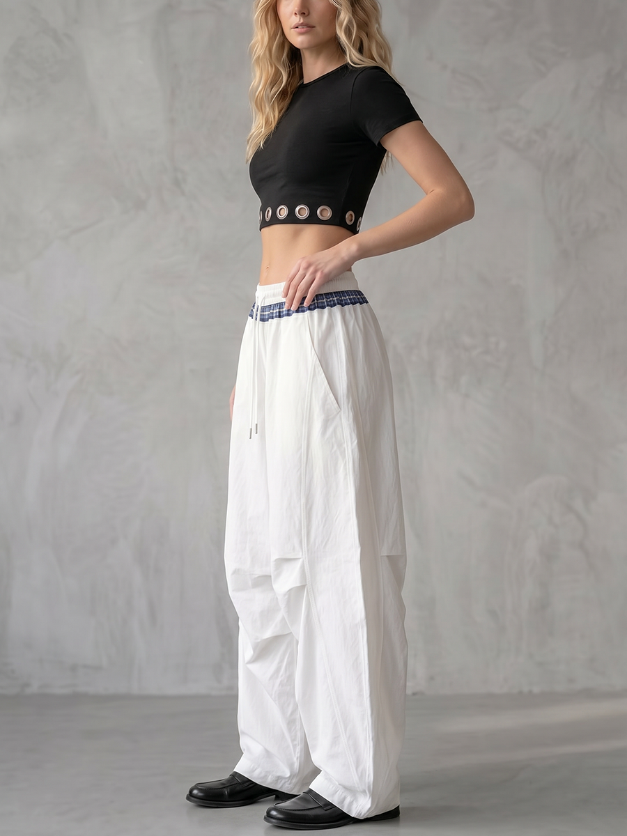 Split-Joint Pockets Drawstring Contrast Color Wide Leg Loose Trousers Pants