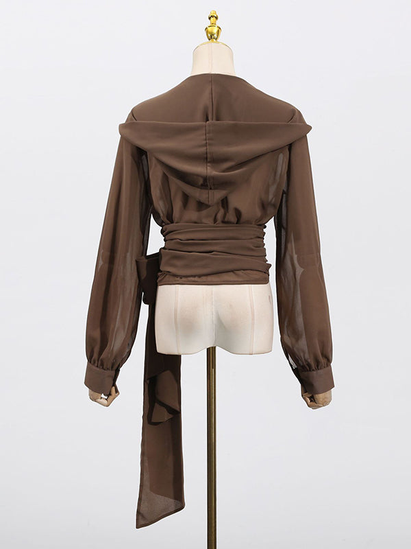 Long Sleeves Loose Pleated See-Through Solid Color Tied Waist Hooded Blouses&Shirts Tops