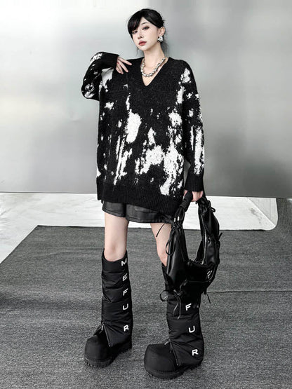 Long Sleeves Loose Abstract Printed Contrast Color Ribs Split-Joint V-Neck Sweater Tops
