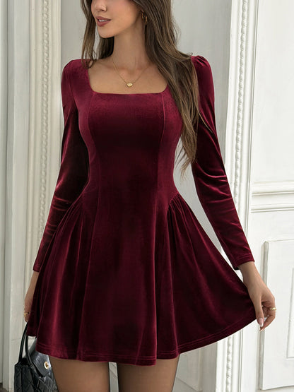 Velvet Tiered Solid Color Pleated Backless Long Sleeves High Waisted Square-neck Mini Dresses