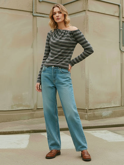 Long Sleeves Skinny Asymmetric Pleated Striped One-Shoulder T-Shirts Tops