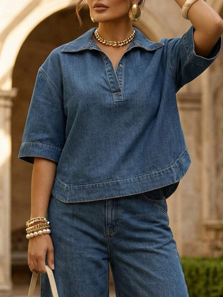 Half Sleeves Loose Buttoned Solid Color Split-Joint Lapel Blouses&shirts Tops