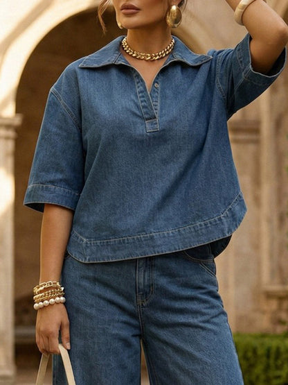 Half Sleeves Loose Buttoned Solid Color Split-Joint Lapel Blouses&shirts Tops