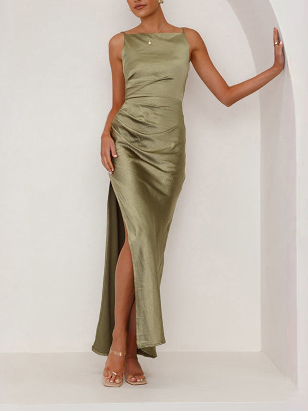 Sleeveless Pleated Solid Color Split-Joint Split-Side Spaghetti-Neck Midi Dresses